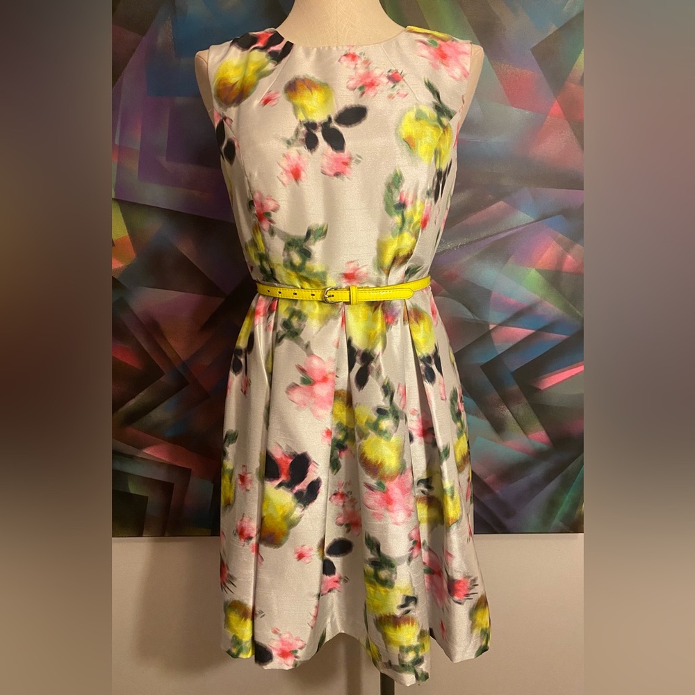 Bright Florals “Liz Clairborne” Fit & Flare Belted Dress- Size 8P